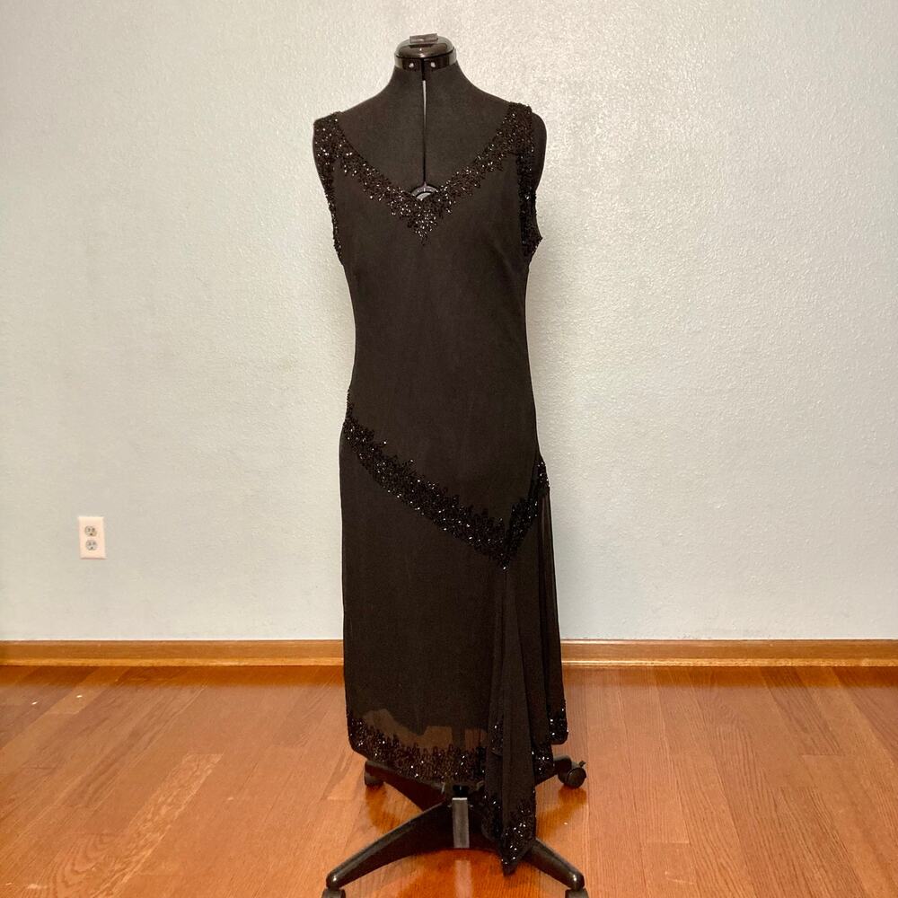 14W sparkly beaded party midi knee tea length black V neck dress belt